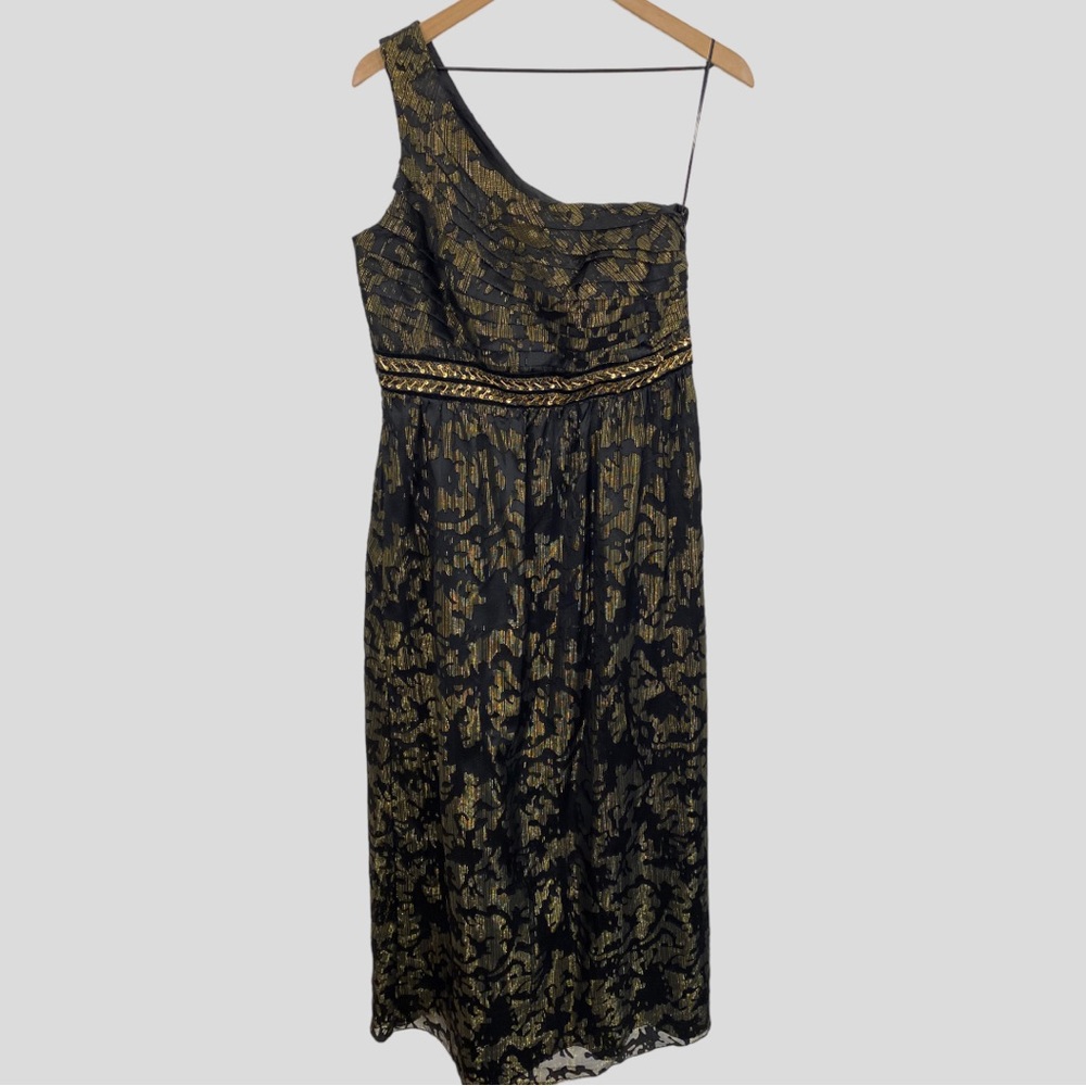 Oleg Cassini Black Gold One Shoulder Gown Beaded Sequin Trim Size 12